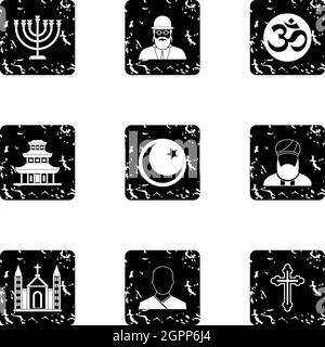 Faith icons set, grunge style Stock Vector