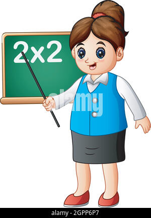 Cartoon female teacher pointing on blackboard the lesson of mathematics Stock Vector