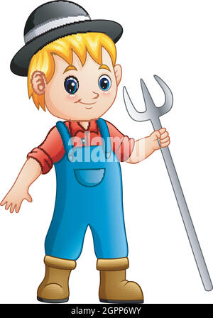 Cartoon boy farmer holding rake Stock Vector