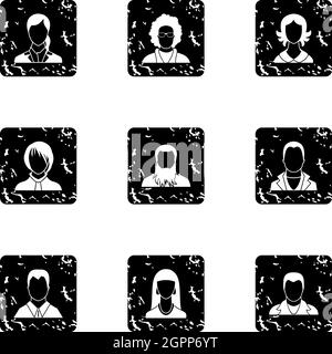 Avatar people icons set, grunge style Stock Vector