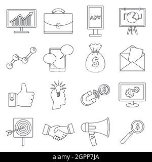 Marketing items icons set, outline style Stock Vector