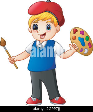 Cartoon boy painting isolated on white background Stock Vector