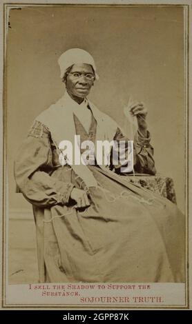 Untitled (&quot;I Sell the Shadow to Support the Substance&quot;), 1864/65. [Portrait of Sojourner Truth, born Isabella &quot;Belle&quot; Baumfree (c. 1797-1883), African-American abolitionist and women's rights activist. Truth was born into slavery in upstate New York, but escaped with her infant daughter in 1826. She copyrighted her own image, allowing the activist who had herself once been sold as property, to profit from the sale of her photograph. Here she holds a piece of knitting. The printed caption alludes to one of photography's early slogans: &quot;Secure the shadow [the photograph] Stock Photo