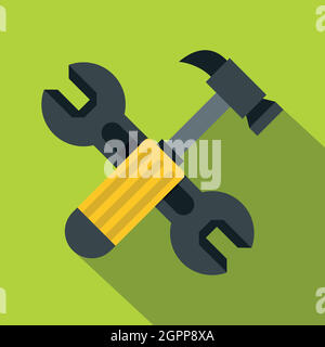 Crossed wrench and hammer icon, flat style Stock Vector