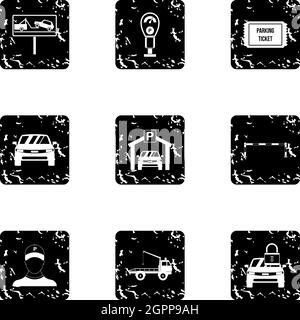 Parking station icons set, grunge style Stock Vector