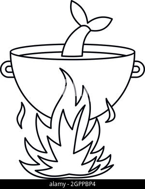 Fish soup in the cauldron icon, outline style Stock Vector