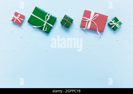 Christmas and New Year flat lay with various present gift boxes top view  Stock Photo