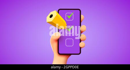3d cute Hand holds smartphone with checklist or wishlist and pencil. Planning concept. Vector illustration Stock Vector