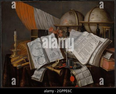 A Vanitas Still Life with a Flag, Candlestick, Musical Instruments, Books, Writing Paraphernalia, Globes and Hourglass, 1662. Stock Photo