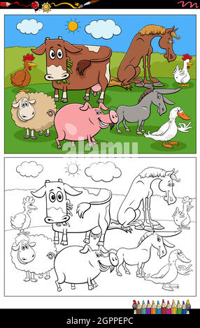 cartoon farm animals characters coloring book page Stock Vector