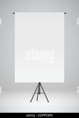 Blank white paper hanging on a black stand. Photo studio backdrop, realistic vector illustration. Flip chart paper mockup background. Stock Vector