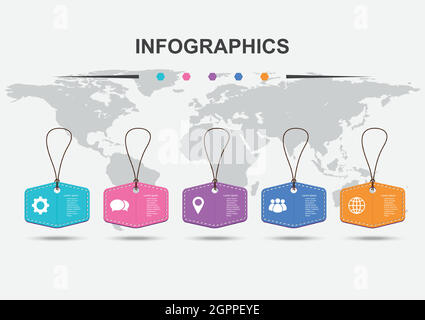 Infographic design template with 5 hanging price tags Stock Vector