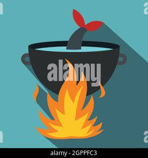 Cooking fish soup on a fire icon, flat style Stock Vector