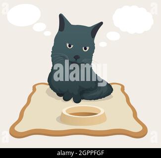 sad pensive cat sits on rug near empty bowl and dreams of food. Bubbles, clouds for text fly near head of gray cat. Cartoon vector Stock Vector