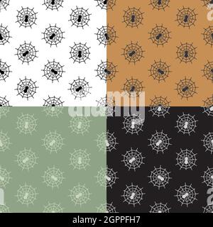 set of seamless patterns with Spider web with spider in center. Design element for Halloween. Ornament for decoration and printing on fabric. Design e Stock Vector