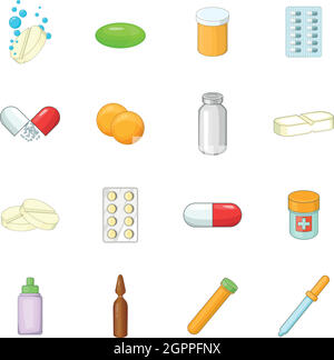Medicine drugs icons set, cartoon style Stock Vector
