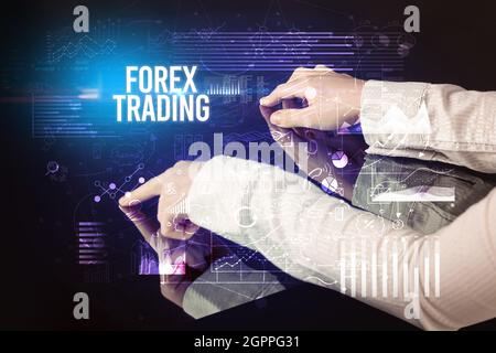 Businessman touching huge screen concept Stock Photo