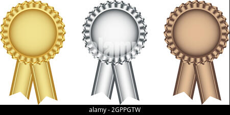 Award ribbon in gold, silver and bronze as vector on white isolated background. Stock Vector