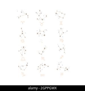 Hand drawn vector abstract stock graphic simple astrology celestial illustration constellation collection set with modern artistic contemporary print Stock Vector