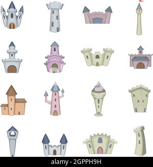 Castle tower icons set, cartoon style Stock Vector