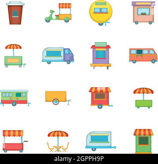 Street food kiosk vehicle icons set, cartoon style Stock Vector
