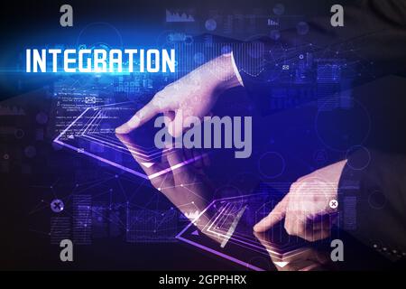 Hand touching digital table concept Stock Photo