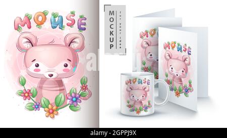Mouse in leaf poster and merchandising. Stock Vector