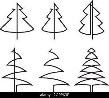 Continuous line drawing of pine. Fir-tree collection. Black isolated on white background. Hand drawn christmas tree set. Vector illustration Stock Vector