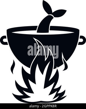 Fish soup on a fire icon, simple style Stock Vector