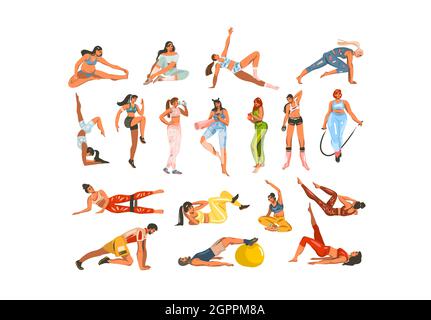 Hand drawn vector abstract stock flat graphic illustration clipart collection set bundle with sport fitness training people in sportwear isolated on Stock Vector