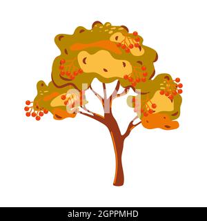 Autumn cartoon tree with red berries on white background. Tree with bunches of red berries close-up in flat style. Caricature illustrations. Symbol Stock Vector