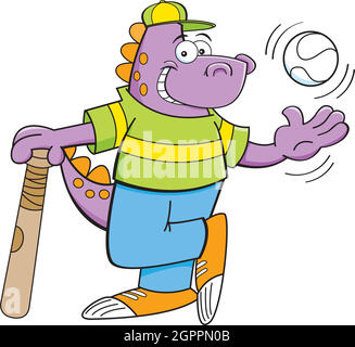 Cartoon illustration of a dinosaur with a bat and baseball. Stock Vector