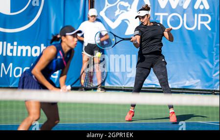 Sania Mirza of India & Shuai Zhang of China playing doubles at the 2021 Chicago Fall Tennis Classic WTA 500 tennis tournament on September 29, 2021 in Chicago, USA - Photo: Rob Prange/DPPI/LiveMedia Stock Photo