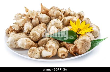 Jerusalem artichoke roots with leaves and flower of Jerusalem artichoke isolated on white background. Stock Photo