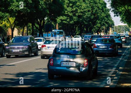 Seville Spain September 28, 2021 Traffic jam in the streets of Seville, an emblematic city and the capital of the region of Andalusia, in the south of Stock Photo