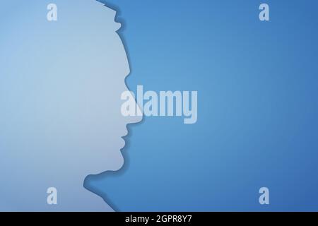 3D papercut mans face silhouette on blue background