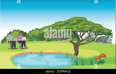couple is sitting in a garden near water Stock Vector