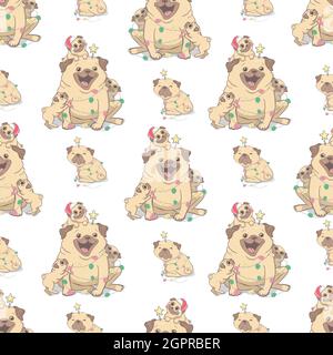 Christmas seamless pattern with the image of little cute puppies in the hat of Santa Claus. Children's vector background. Stock Vector