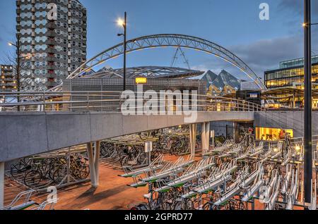 Rotterdam, The Netherlands, March 4, 2016: bicycle parking facility next to Blaak railway station at dusk Stock Photo