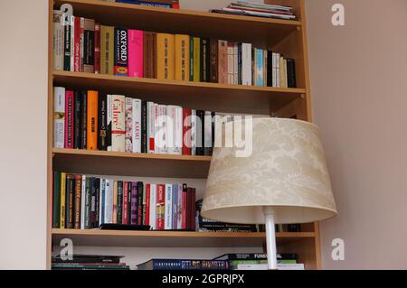 POZNAN, POLAND - Nov 29, 2015: A collection of books on wooden shelves and a beautiful lamp at home Stock Photo