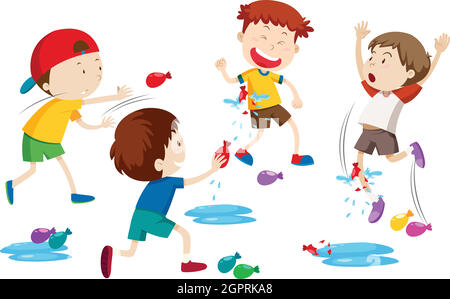 Children playing water balloon fight Stock Vector