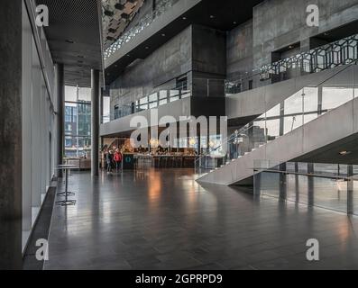 Reykjavik, Iceland – September 22, 2021:  View from the interior of the Harpa Concert Hall and Conference Center Stock Photo