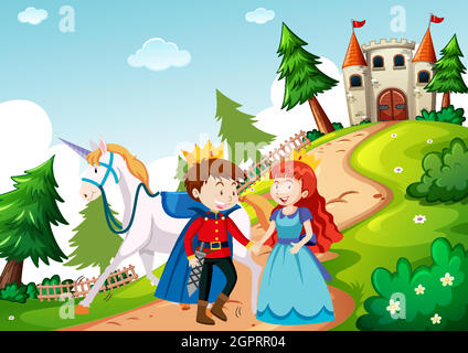 Prince and princess in fairytale land scene Stock Vector