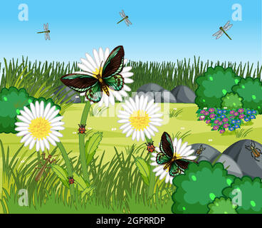 Many butterflies with many flowers in the garden scene Stock Vector