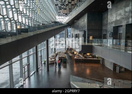 Reykjavik, Iceland – September 22, 2021:  View from the interior of the Harpa Concert Hall and Conference Center Stock Photo