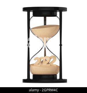 New 2022 Year Concept. Sand Falling in Hourglass Taking the Shape to 2022 year on a white background. 3d Rendering Stock Photo