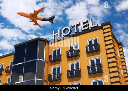 Jet Passengers Airplane fly over Modern Orange Hotel Building on a blue sky background. 3d Rendering Stock Photo