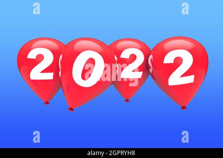 New Year Concept. Red Christmas Balloons with 2022 Sign on a blue sky background. 3d Rendering