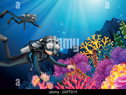 Scuba diving under the deep ocean Stock Vector