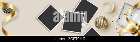 Horizontal banner for Christmas sales, with photo frames, golden gifts, balloons. Vector. Stock Vector